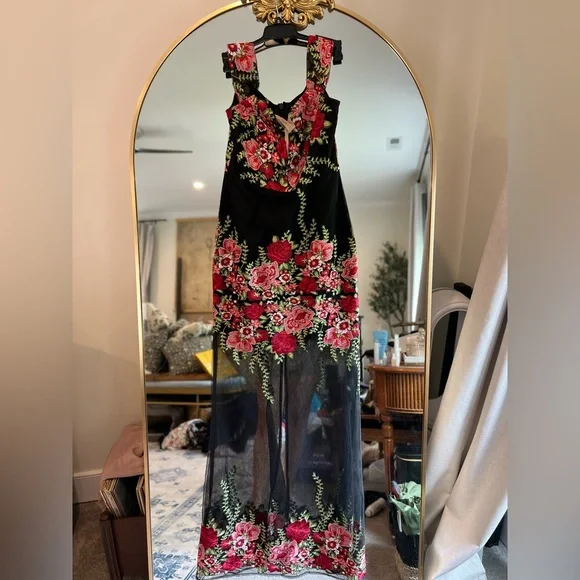 black floral semi formal dress Spaghetti Strap Black Prom Dresses Floral Formal Dress ARD2193 main image 1